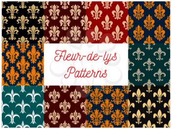 Fleur-de-lys royal french lily seamless pattern backgrounds. Vector pattern of heraldic fleur-de-lis decorative elements