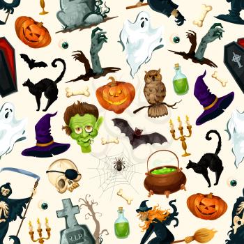 Halloween holiday cartoon horror seamless pattern. Vector design of scary halloween ghost, reaper, witch, pumpkin, spooky zombie. Decoration background for halloween celebration
