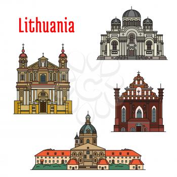 Lithuania famous architecture. Vector detailed icons of Kaunas Cathedral Basilica, Church of St. Michael Archangel, St. Francis and St. Bernard, St. Peter and St. Paul. Historic landmarks, sightseeing