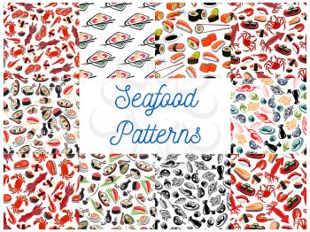 Seafood cuisine seamless patterns. Vector pattern of sushi, lobster, shrimp, crab, salmon steak, caviar, mussel, soy sauce, nori, miso soup, chopsticks. Asian oriental kitchen decoration