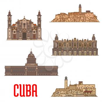 Great Theatre of Havana, Real Fuerza Fortress, San Carlos de la Cabana, National Capitol, St Christopher Havana Cathedral. Vector detailed icons of landmarks and sightseeings of Cuba for souvenirs, tr