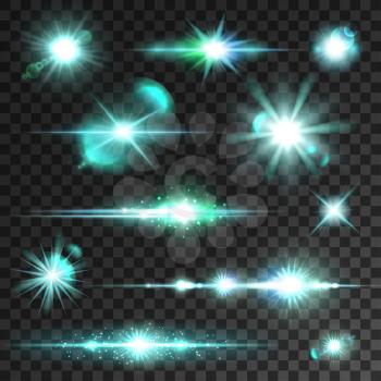 Light flashes and sparks. Star and sun sparkling beams and rays with lens flare effect on transparent background