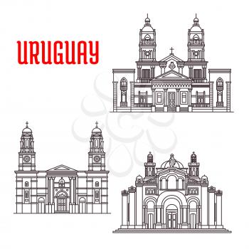 Famous buildings of Uruguay. National Shrine of the Sacred Heart of Jesus, Church of Our Lady of the Mount Carmel, Cathedral of Mercedes. Vector thin line icons of architecture landmarks for souvenirs