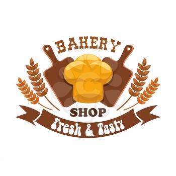 Bakery shop emblem. Fresh and tasty bread loaf with cutting board and wheat ears design elements