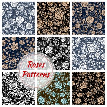 Roses floral seamless patterns. Vector pattern of rose buds, curly stems and tendrils. Luxurious flowery rose ornamental decoration background