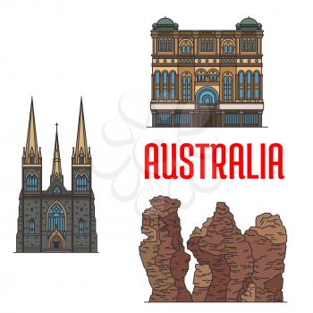 Queen Victoria Building, St Patrick Cathedral, Three Sisters Rock. Detailed icons of historic architecture and sightseeings of Australia for souvenirs, travel guide design elements