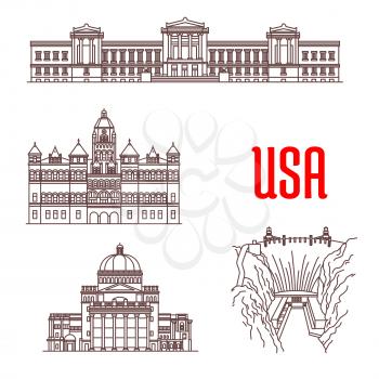 American landmarks and sightseeings icons. Boston Museum of Fine Arts, Old Red Museum of Dallas, The First Church of Christ, Hoover Dam. Vector thin line symbols of famous buildings for souvenirs, tra