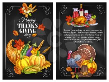 Thanksgiving Day greeting holiday banners and posters with copyspace. Traditional design of food abundance. Thanksgiving color sketch turkey symbol, cornucopia with plenty of food. Family celebration 