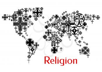 Religion world map with christianity cross symbols. Map design with religious crucifix icons decoration and design element
