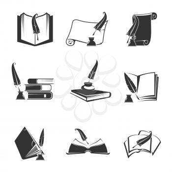 Vector icons of science, study, education, knowledge. Isolated silhouette outline symbols of book, manuscript, writing feather pen