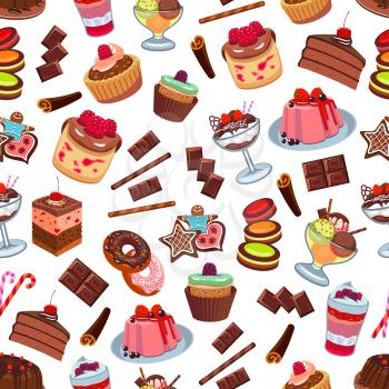 Cakes and patisserie desserts seamless pattern. Vector pattern of confectionery chocolate cupcakes, biscuit cakes, muffins, whipped cream, strawberry and cherry topping