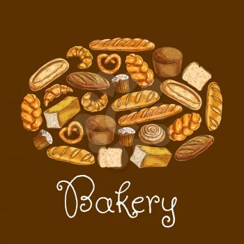 Bread sorts in shape of bread loaf. Bakery emblem. Vector icons of croissant, sliced bread, baguette, muffin, bun, loaf, pretzel, bagel, pie for patisserie, cafe, bakery, pastry shop design element