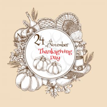 Happy Thanksgiving greeting card. Circle emblem with design of traditional pumpkin, turkey, cornucopia, vegetables harvest, autumn oak and maple leaves. Sketch symbols with text for thanksgiving celeb