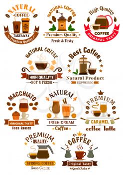 Coffee emblems set for cafe, restaurant. Vector icons of of irish cream, coffee latte, espresso, macchiato, coffee mill, cezve, takeaway cup, coffee beans, stars, ribbon. Menu card design elements