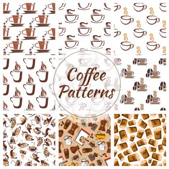 Coffee seamless patterns set. Vector pattern of hot coffee cups, coffee beans, coffee makers. Cafe decoration design elements