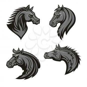 Horse head heraldic emblems set. Stylized stallion icons for sport club, team badge, label, tattoo. Mustang head with thorny prickly mane and bold look