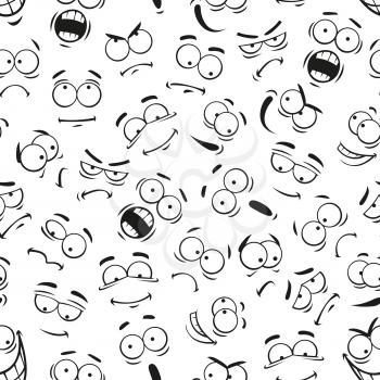 Emoticon icons. Human face expresions pattern. Vector pattern of cartoon faces with expressions. Cute eyes and mouth smiling, happy, upset, surprised, sad, angry, mad, crying, shocked, comic, silly, s
