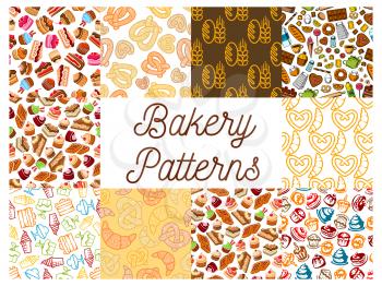 Bakery and patisserie desserts patterns. Bread, croissant, bread, baguette, muffin, bun, loaf, pretzel, bagel, pie, flour, donut, cake, cupcake, croissant, ice cream. Vector kitchen decoration pattern