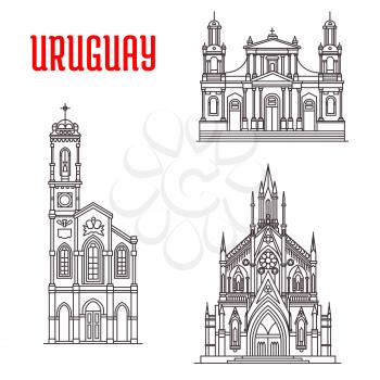 Church of Our Lady of Sorrows, Cathedral Basilica of Saint John the Baptist, Sagrada Familia Capilla Jackson. Historic famous architectural buildings of Uruguay. Vector thin line icons souvenirs, trav