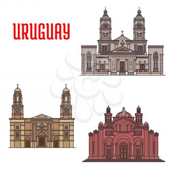 National Shrine of the Sacred Heart of Jesus, Church of Our Lady of the Mount Carmel, Cathedral of Mercedes. Famous architecture buildings of Uruguay. Vector detailed linear icons for souvenirs, trave
