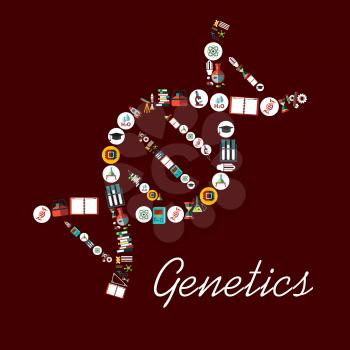Genetic science symbols in DNA shape icon. Vector element with scientific and medical objects formula, microscope, atom, chemicals, dna structure, book, molecule, water, rocket, telescope