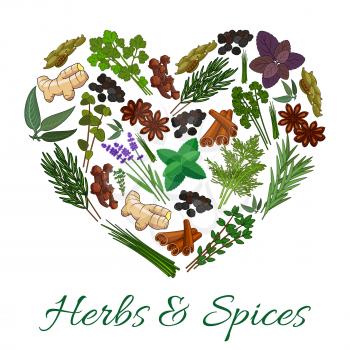 Herbs and spices icons in heart shape emblem. Vector spicy elements of ginger, basil, oregano, coriander, parsley, dill, thyme, mint, cinnamon, cloves, marjoram, tarragon, lemongrass, cilantro, rosema