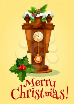 New Year greeting card of wooden pendulum clock shows almost midnight, adorned by christmas tree and holly berry with green leaf. Merry Christmas poster design