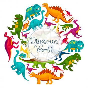 Dinosaurs world poster. Vector cartoon dinosaurs t-rex, tyrannosaurus, pterosaur, pterodactyl, triceratops, brontosaurus, eoraptor