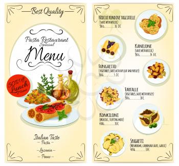 Italian cuisine restaurant lunch menu card template. Vector icons of pasta, lasagna, penne, spaghetti dish elements with text, prices, discount offer