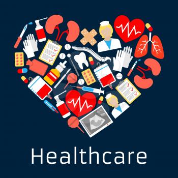 Heart shape emblem with medicine symbols. Vector cardiology medical icon made of health care equimpnet and medications syringe, pills, doctor, dropper, ointment, lungs, stethoscope, vial, spray