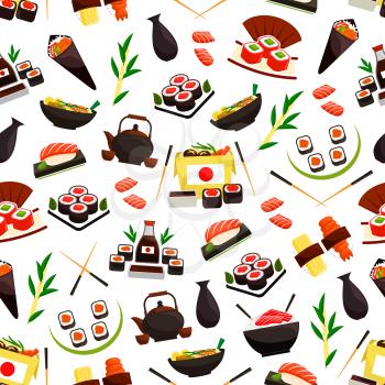 Japanese cuisine seafood pattern. Vector seamless pattern of sushi rolls, salmon fish sashimi, steamed sticky rice, red caviar, ginger, soy sauce. Oriental kitchen decoration design in Japan flag styl