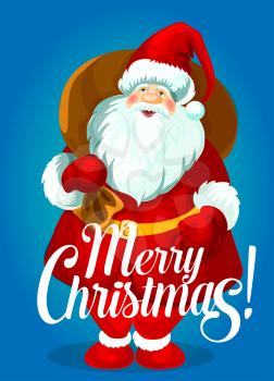 Santa Claus with gift bag Christmas card design. Happy Santa in red hat, suit and gloves with white fur is carrying sack full of present and sweets