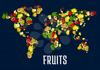 Map of world continents design of fruits. Vector elements of exotic and tropical fresh fruits apple, grape, pineapple, orange, mango. Vegetarian and healthy raw nutrition design