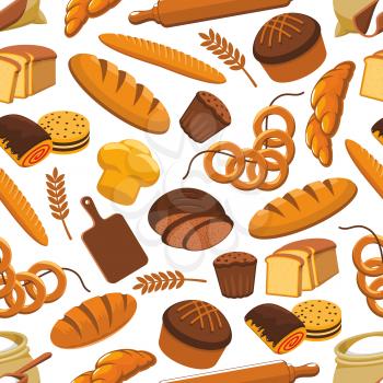 Vector pattern of bread and bakery products. Seamless pattern of wheat and rye bread sorts, loaf, bagel, croissant. Patisserie elements bun, cake, cupcake, chocolate roll, rolling pin, cuting board. K