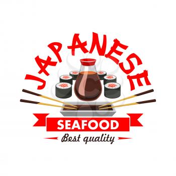 Japanese best quality seafood restaurant emblem. Oriental cuisine sushi bar design icon with vector elements of salmon rolls, soy sauce, bamboo chopsticks, red japanese ribbon with text