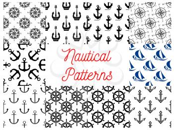 Nautical and marine concept patterns set. Vector pattern of anchor on chain, vessel ship steering wheel, compass arrows, yacht silhouette