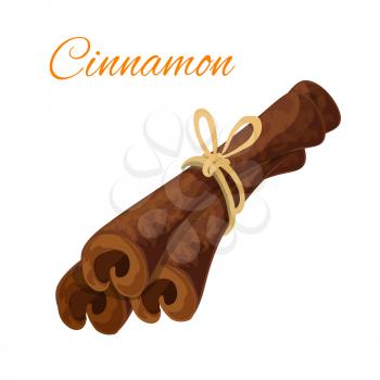 Cinnamon bark sticks spice icon. Vector isolated curved cinnamon sticks tied with thread. Spicy emblem for bakery, pastry, patisserie, cafeteria, cafe, spices store and culinary design element