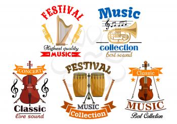 Emblems for classic, live music festival, concert. Vector elements of musical instruments harp, trumpet, contrabass, drums, violin. Template designs for music events, posters, banners, leaflets