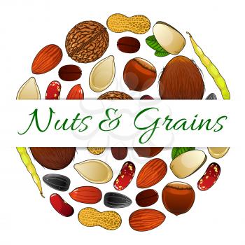 Nutritious nuts and grains elements vector round label with text. Natural healthy coconut, almond, pistachio, cashew, hazelnut, walnut, bean, peanut, sunflower, pumpkin seeds. Vegetarian protein raw p