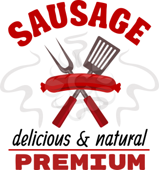 Sausage grill food label. Vector delicious hot grilled meat sausage with fork and spatula elements. Fast food barbecue emblem with text red ribbon for premium food snacks
