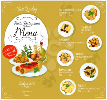 Pasta menu card template for Italian cuisine restaurant. Vector design with elements of pasta types lasagna, penne, spaghetti dish with meat and vegetable toppings, ingredients text, price, discount o
