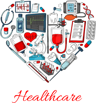 Healthcare icons in shape of heart with vector elements of medical and medicine equipment, medications objects syringe, pills, dropper, ointment, lungs, stethoscope, vial, spray, blood station