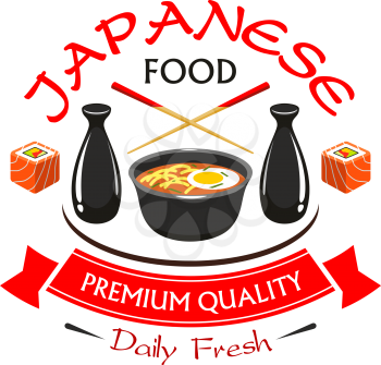 Japanese premium quality food restaurant label. Vector spicy noodles and vegetables soup in bowl with soy sauce, sushi rolls, chopsticks. Menu design element with ribbon for oriental cuisine