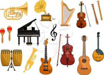 Vector icons of musical instruments. Isolated string and wind music instruments of cymbals, trumpet, drums, harp, gramophone, electric guitar, violin, contrabass, saxophone, flute, mandolin, music cle