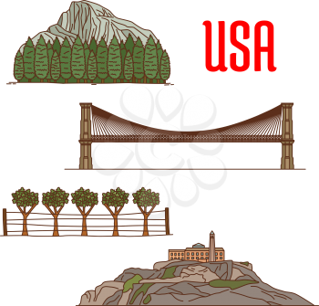American Yosemite National Park, Napa Valley Viticultural Area, Brooklyn Bridge, Alcatraz Island. US natural and architecture landmarks icons for travel and vacation design elements