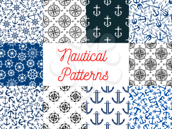 Nautical navy seamless patterns. Set of vector pattern of anchor on chain, vessel ship steering wheel, compass arrows, lighthouse beacon for greeting card, decoration, textile, tile design