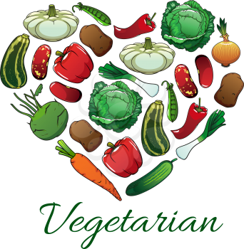 I love vegetarian emblem in heart shape. Vector label of farm fresh vegetables of cabbage, pepper, bean, carrot, potato, kohlrabi, cucumber, peas. Vegan healthy lifestyle concept design