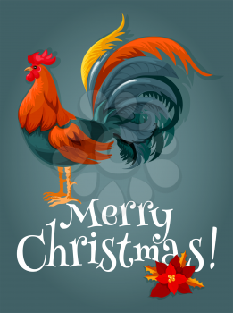 Christmas and New Year card with red rooster. New Year animal symbol with fire cock and christmas poinsettia flower. Winter holiday themes design