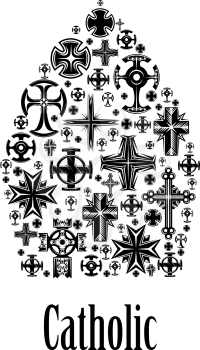 Catholic mitre icon. Christianity cross elements in shape of catholic religion headwear mitra element with decoration of crucifix cross pattern. Label for catholic religious decoration emblem design