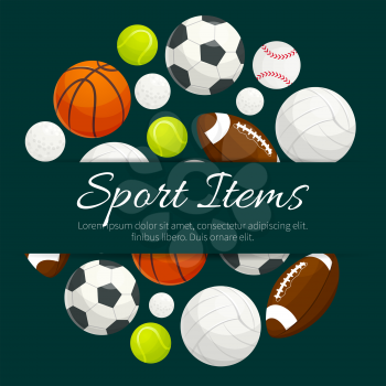 Sport balls and gaming items label emblem. Vector elements of team game sport balls for rugby, football, soccer, baseball, basketball, tennis, volleyball, golf